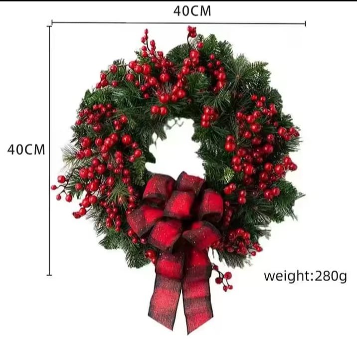 Christmas Red wreath front door hanging with decorations