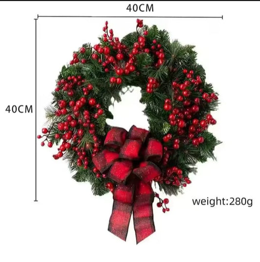 Christmas Red wreath front door hanging with decorations