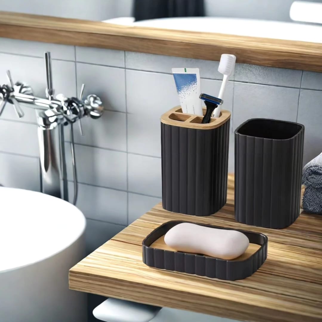 6pcs Eco-Friendly Plastic Bamboo washroom bathroom Accessories set. Toilet soap dispenser/Holder Toothbrush holder kit