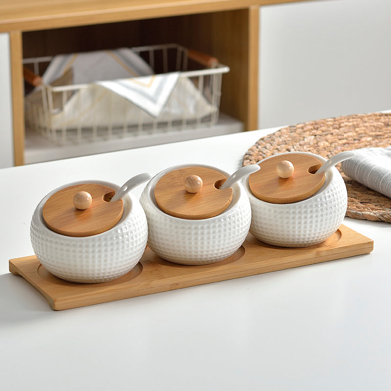 Golf themed ceramic condiment set with bamboo stand