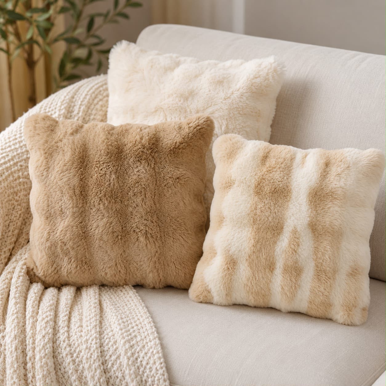 2pcs Soft cozy fluffy faux rabbit fur decorative pillow case covers