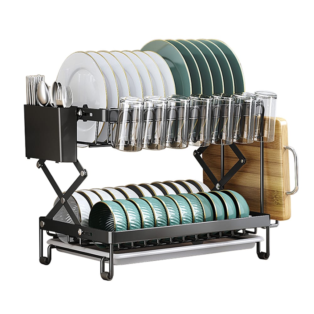 Modern 2-tier kitchen dish drying rack with a space-saving foldable design