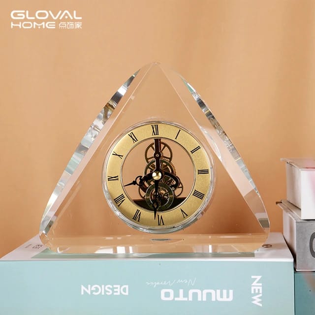 Customized Text Carved Unique Triangle Shape Clear Crystal Personalized Clock