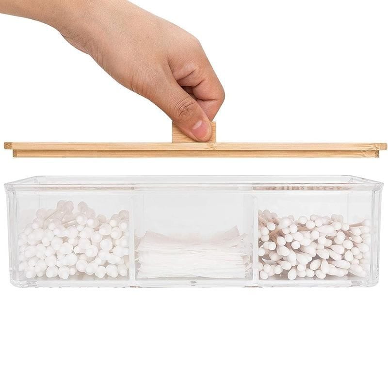 3 Compartment Acrylic Makeup Organizer Cotton Pad Storage Box For Cotton Swabs Rod Cosmetics Jewelry Organizer with Bamboo Lid