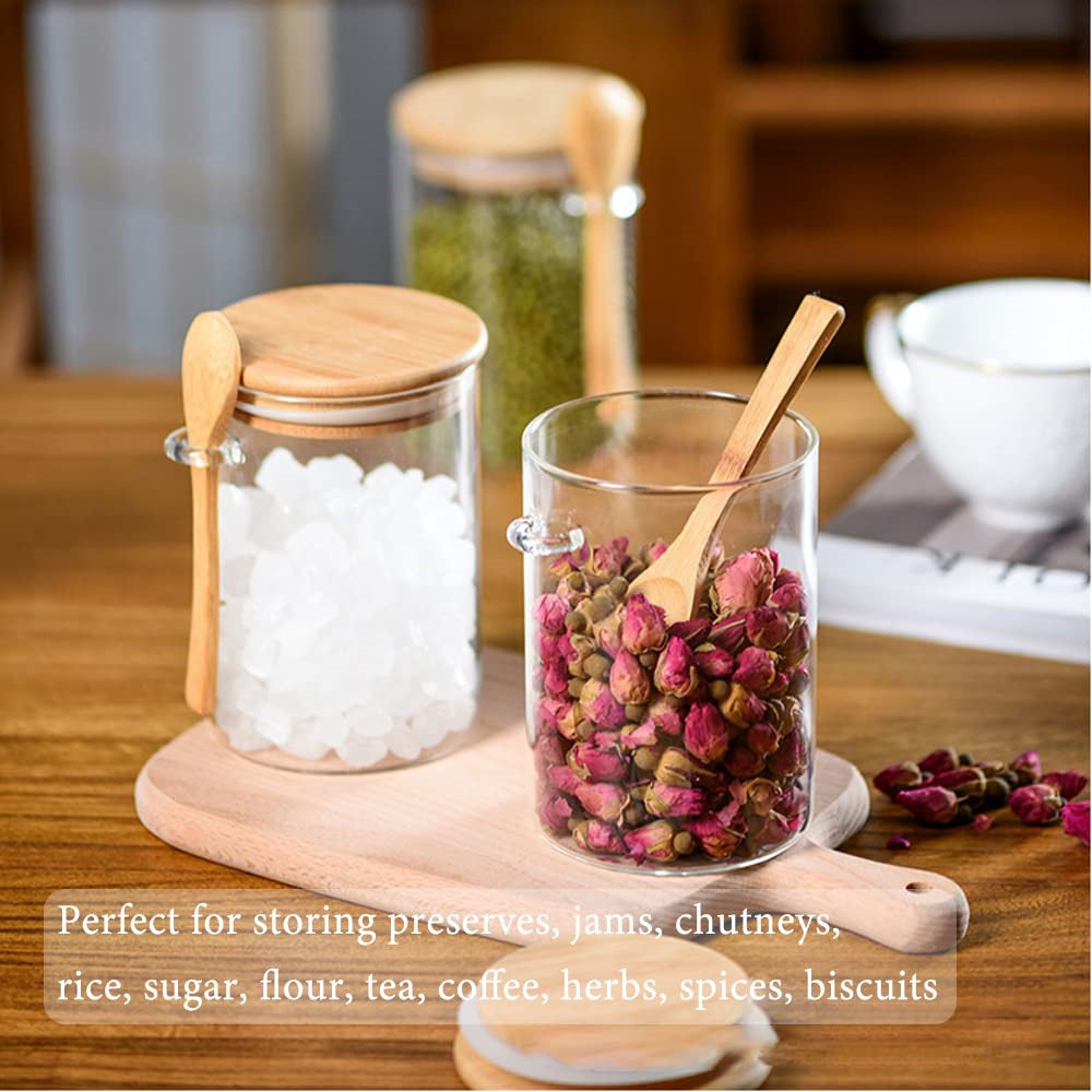 Glass spice / storage jar with spoon and bamboo lid