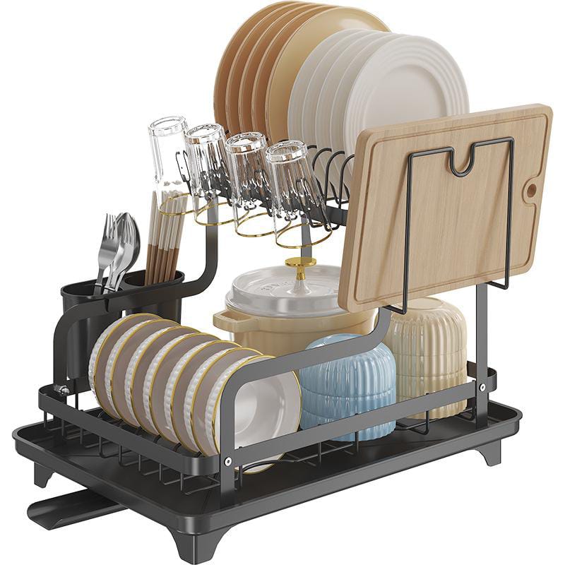 2 Tier Dish Drying Rack Kitchen Organizer Kitchen Countertop Drainer with Drainboard Cups Utensil Cutting Board Holder