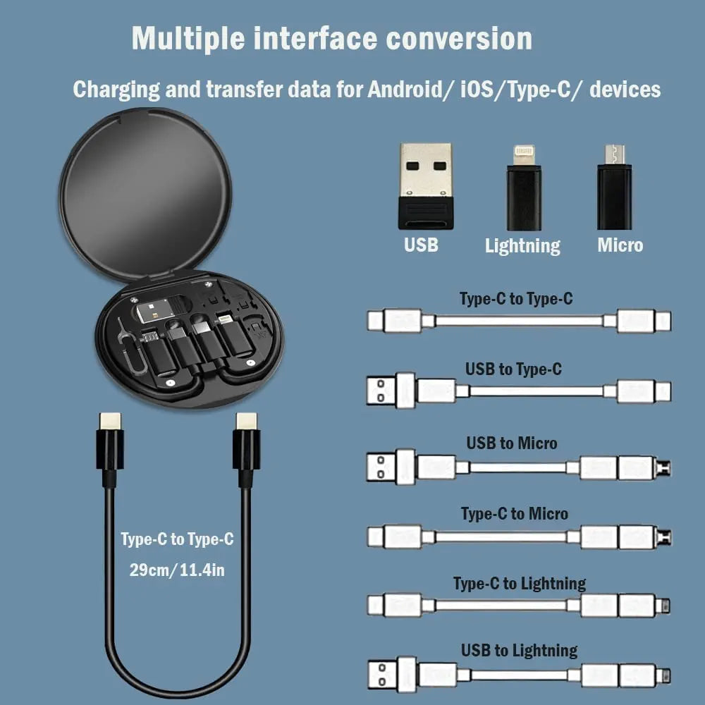 multi-functional travel charging cable and adapter storage box (commonly marketed as a 7-in-1 or multi-in-1 fast charging kit)