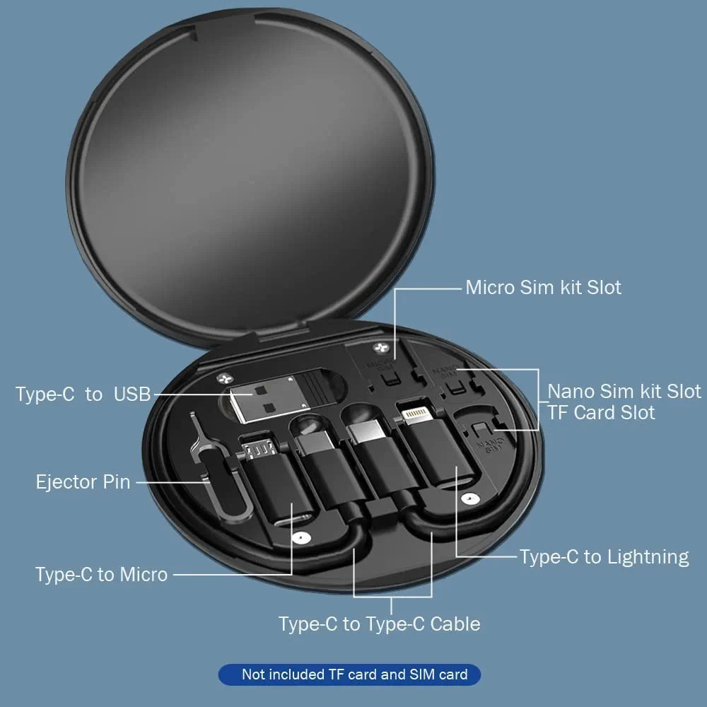 multi-functional travel charging cable and adapter storage box (commonly marketed as a 7-in-1 or multi-in-1 fast charging kit)