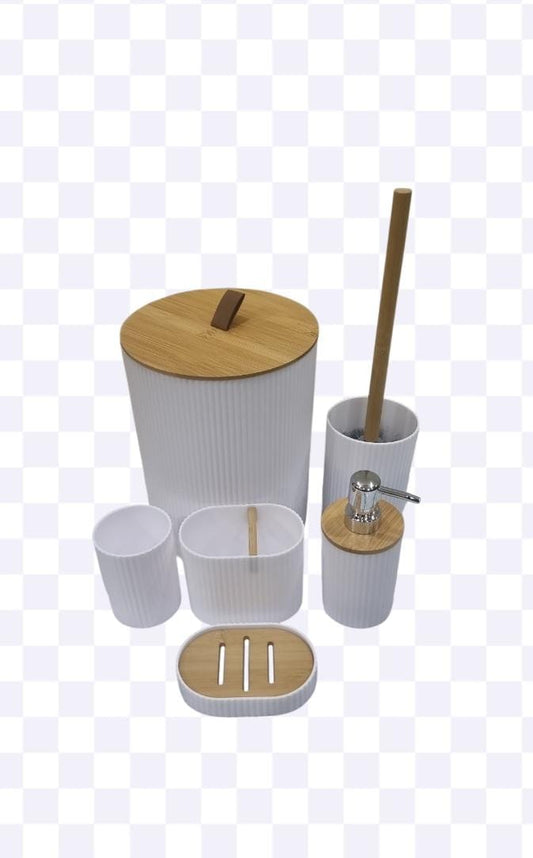 Bathroom set of 6pc (consisting soap dish cup toothbrush holder soap dispenser toilet brush n holder and dust bin) now available in 2 designs each having 3 colours