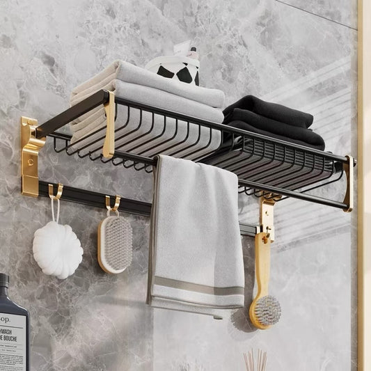Multifunctional Towel Rack with Hook Bathroom Accessories Wall Mount Rail Shower Hanger Aluminum Matte Black Shelf Organizer