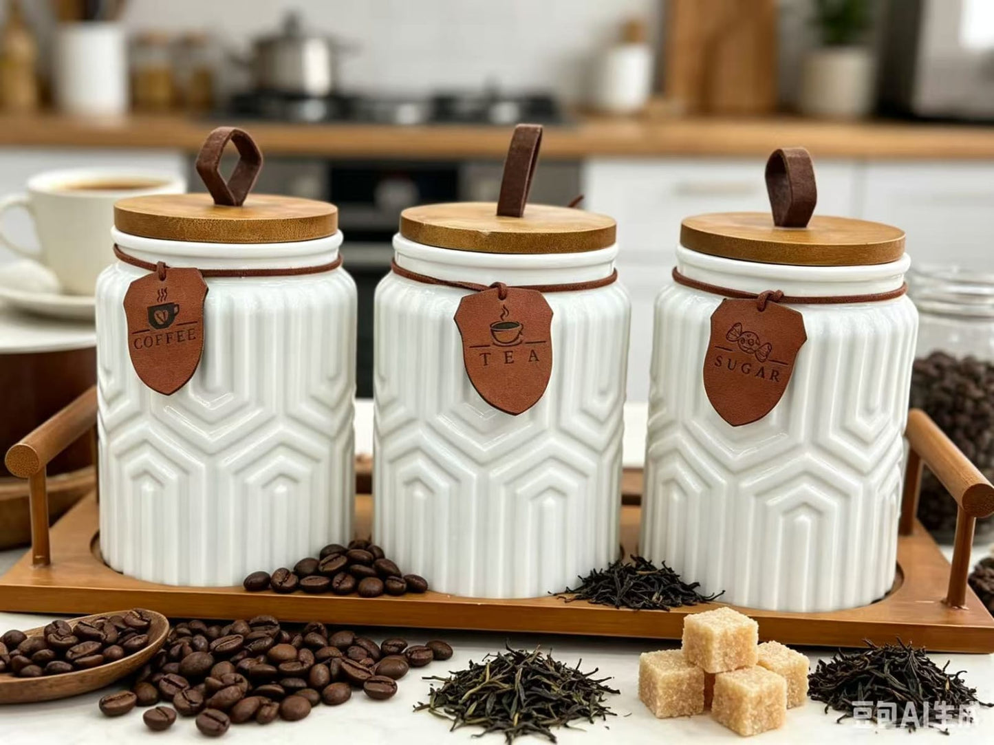 3pc Aesthetic Ceramic Canister Set with Wooden Tray
