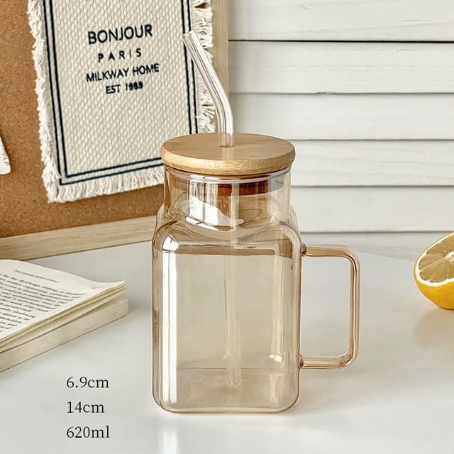620ml high quality borosilicate glass cup with handle and bamboo lid