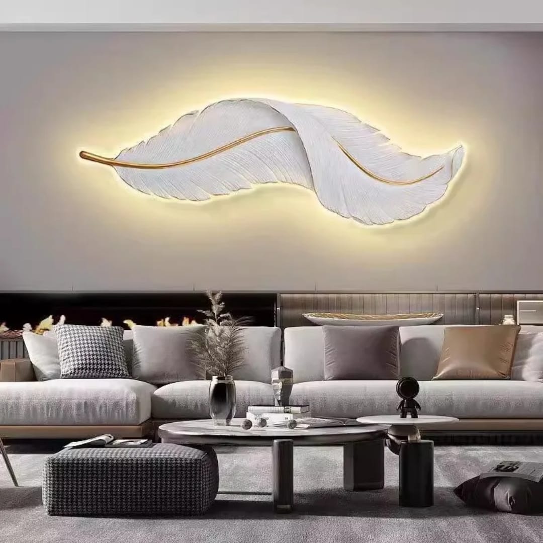 WHITE NORDIC FEATHER WALL ART WITH BACK LIGHTS