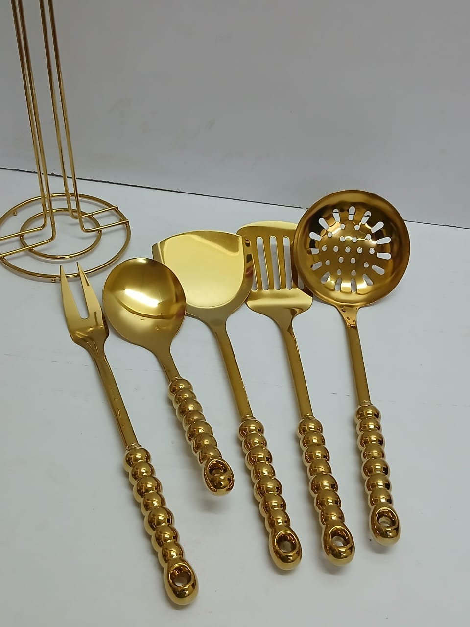 6 in 1 gold vanished serving spoon set with stand and ceramic handle
