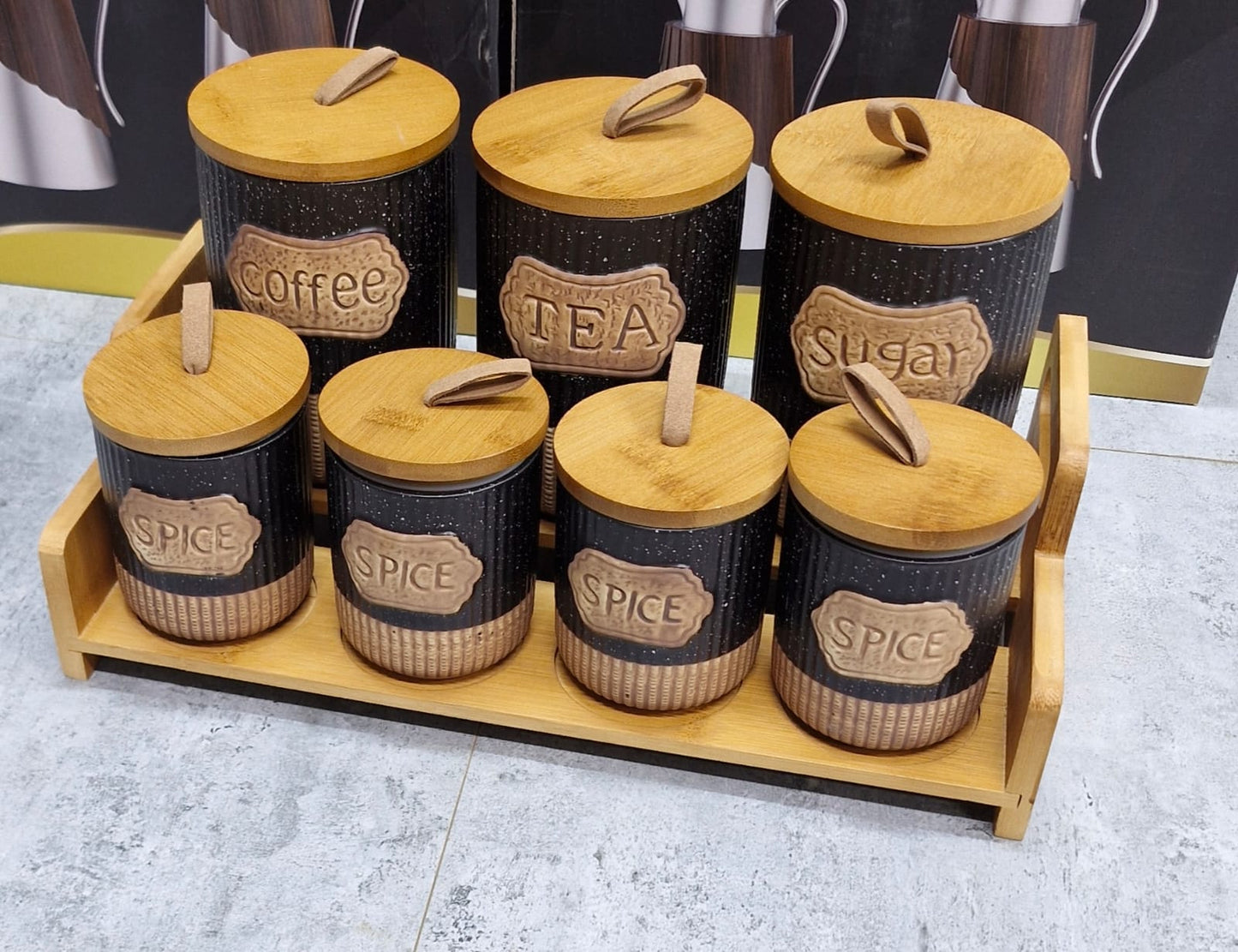 7pc Black Rustic Ceramic Canister Set with Wooden Stand