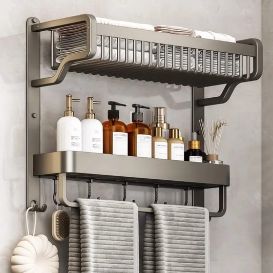 1 Piece 2-Layer Bathroom Space Towel Rack With Shampoo Bottle And Mouthwash Cup