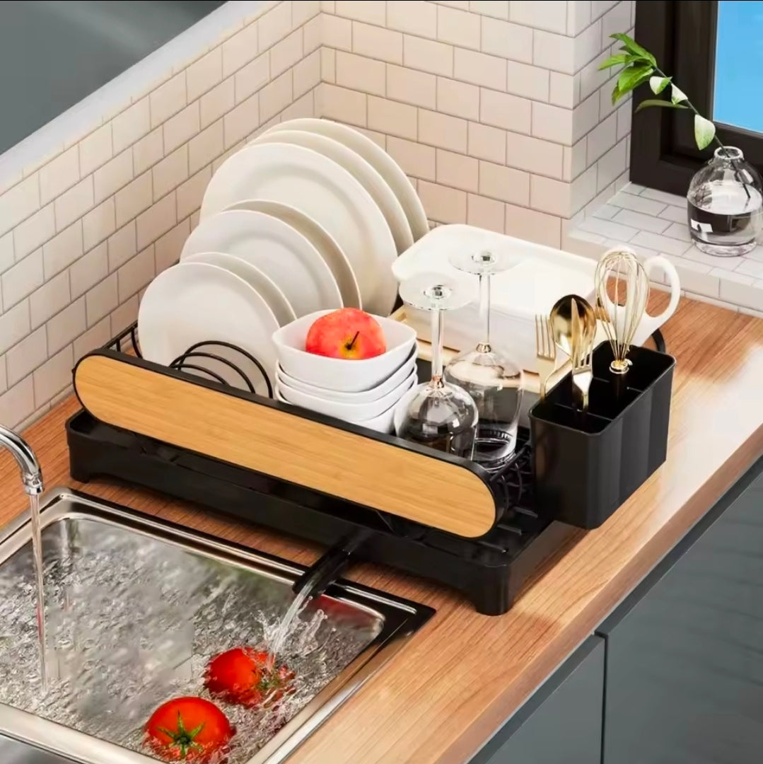 Compact countertop dish drying rack with a modern black and wood-grain design