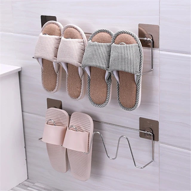 2 pair Slipper steel Rack( self adhesive) Wall-Mounted Punch-Free for Home Bathroom ,Door Rear etc Slippers Shoe Rack Hanger Nail-Free