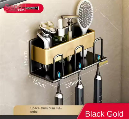 Metallic wall mounted tooth brush/paste holder.