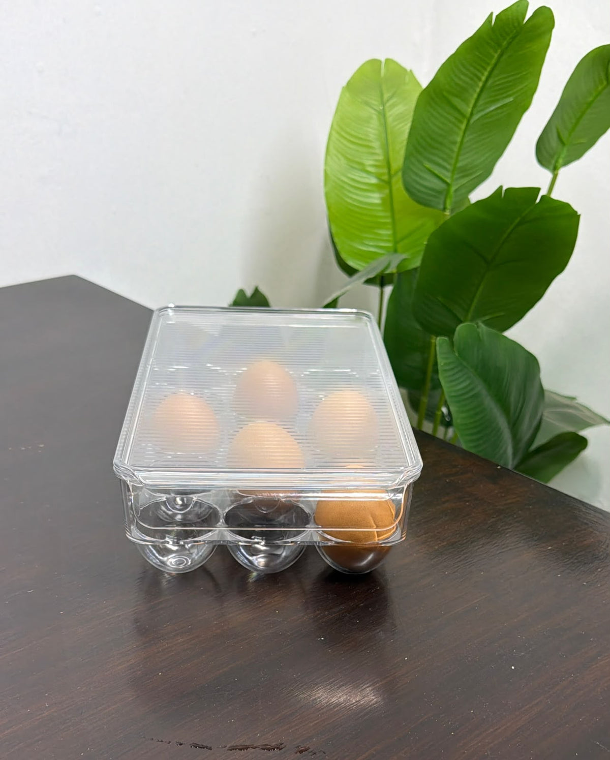 Clear acrylic egg storage container.