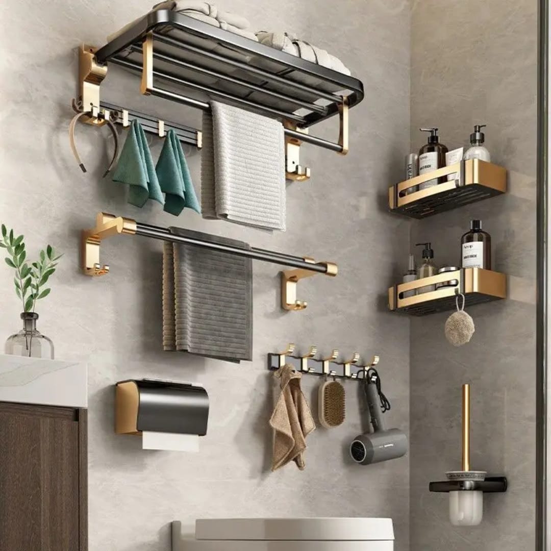 7pcs Gold Multifunctional Aluminum Bath Towel Storage Rack Set Bathroom Storage Rack