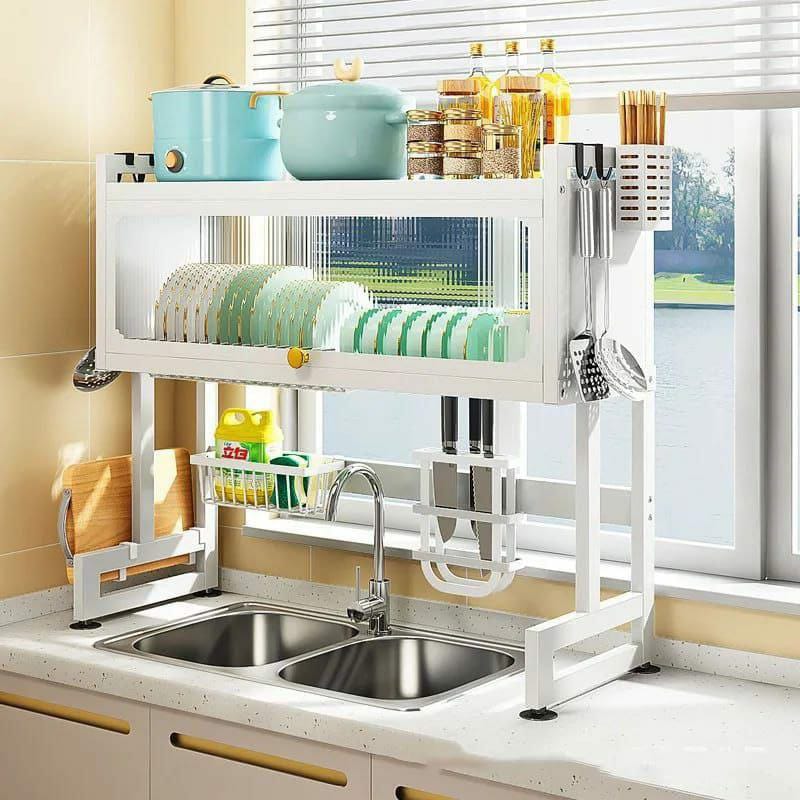 Over the sink dish rack with cover