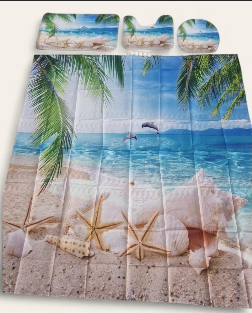 3D 4in1 bathroom woolen mats with a waterproof shower curtain