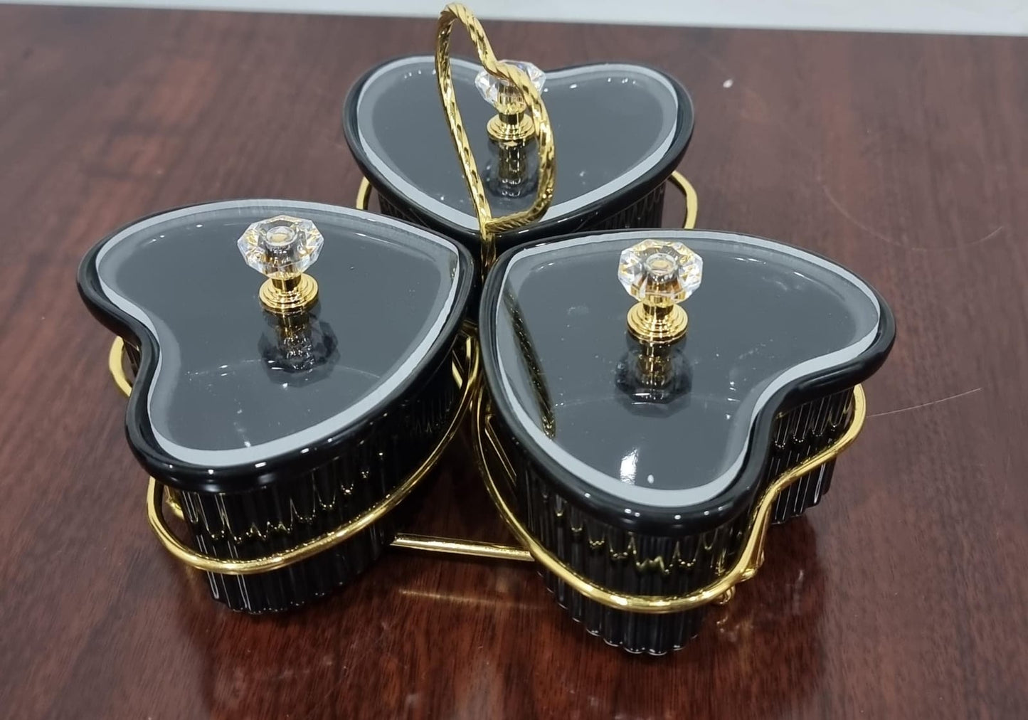 Set of 3 ceramic love shape sugar bowls  acrylic lids on gold metal rack
