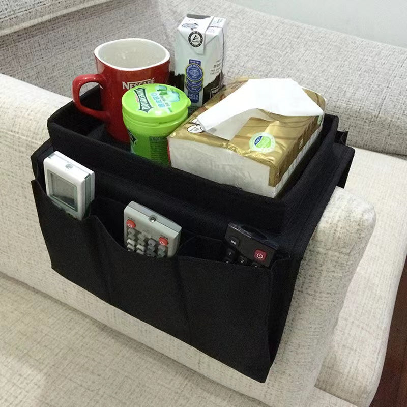 Couch sofa arm rest organizer with top tray and pockets on both sides