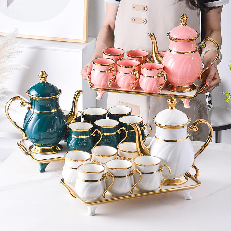 Elegant ceramic Tea set with tray and 6cups+1Tea pot