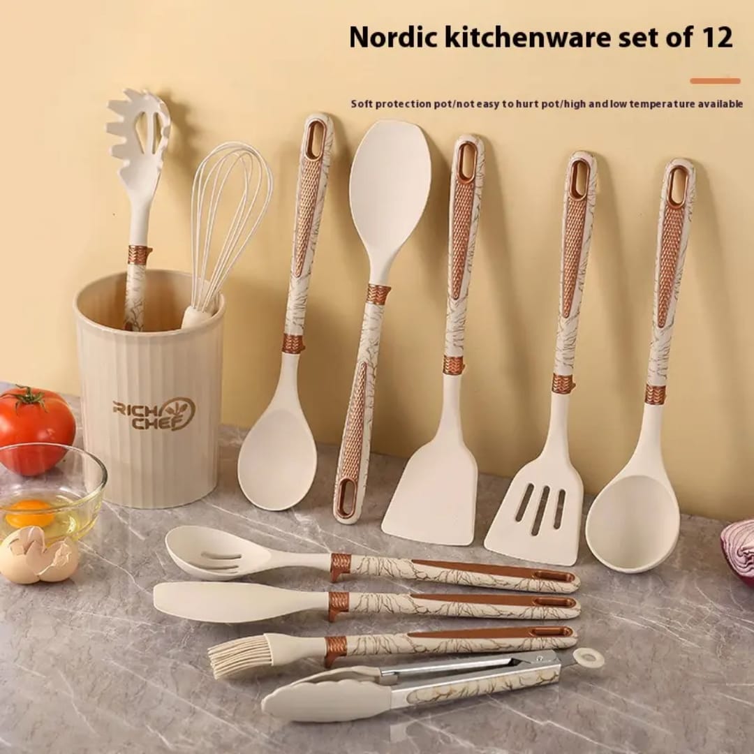 12pcs set silicone Non stick cookware spatula shovel spoons with storage Bucket