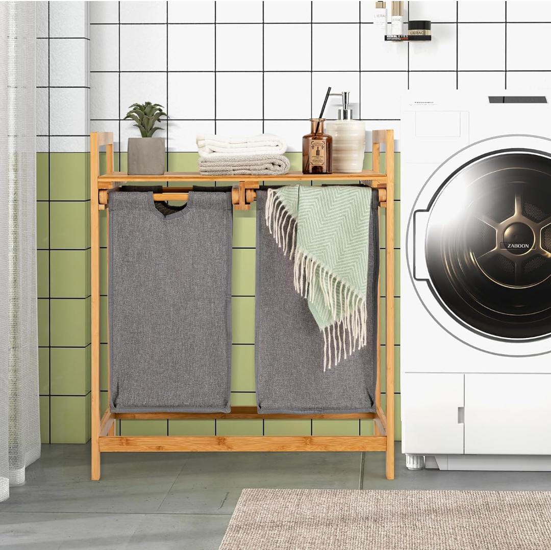 Bamboo twin partition laundry organizer with storage shelf