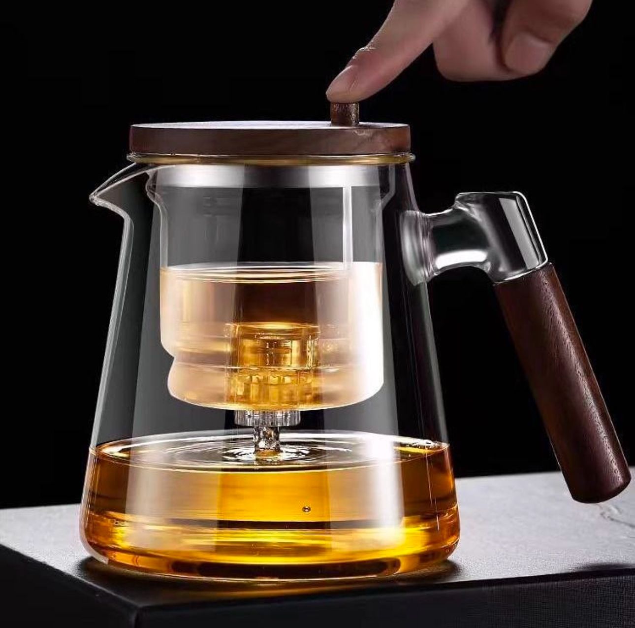 Heat Resistant Glass Teapot with Wooden Handle Round Large Capacity