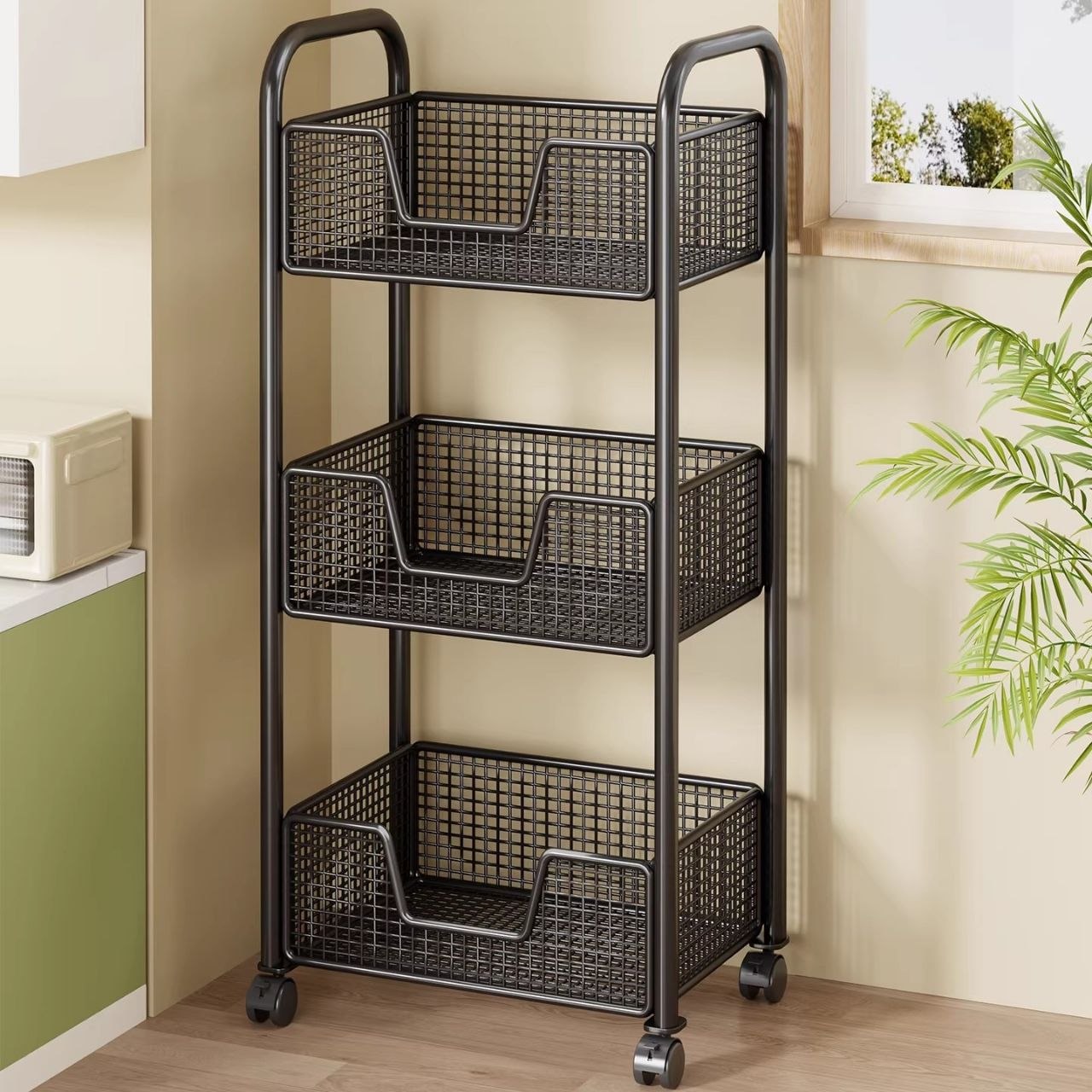3 layer rotating Multifunctional mesh design storage trolley