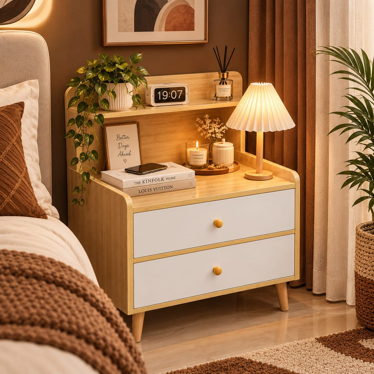 Minimalist wooden bedside table with drawer