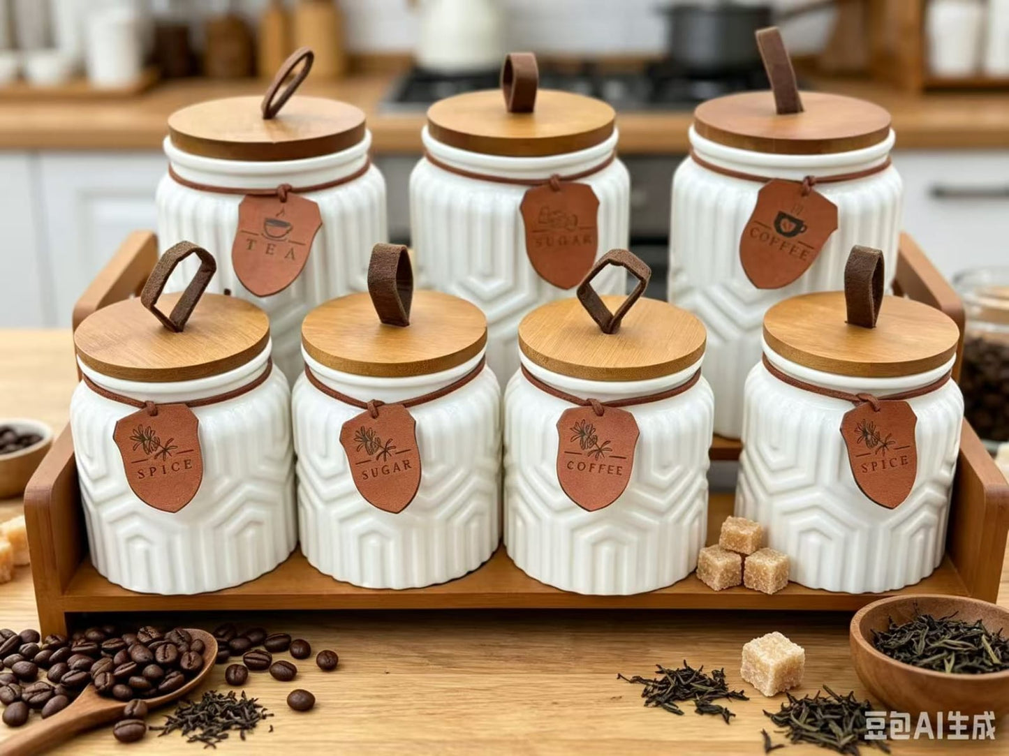 7pc Aesthetic Ceramic Storage Jar Set with Wooden Stand
