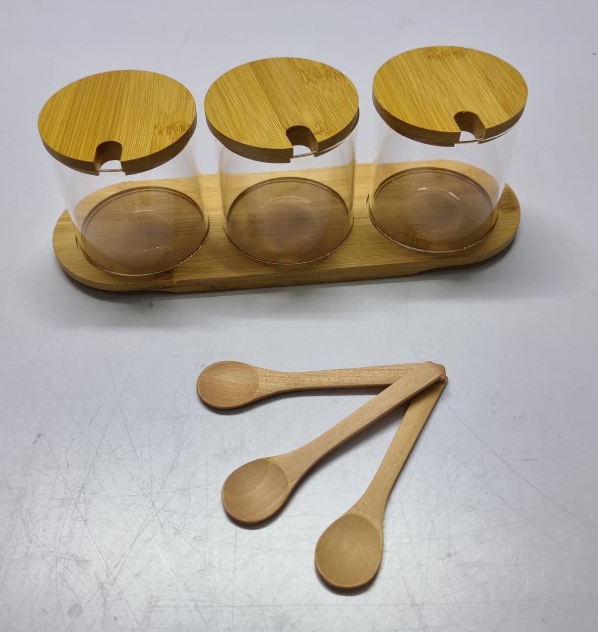 High quality 3in1 glass sugar set with bamboo stand, lids and spoons