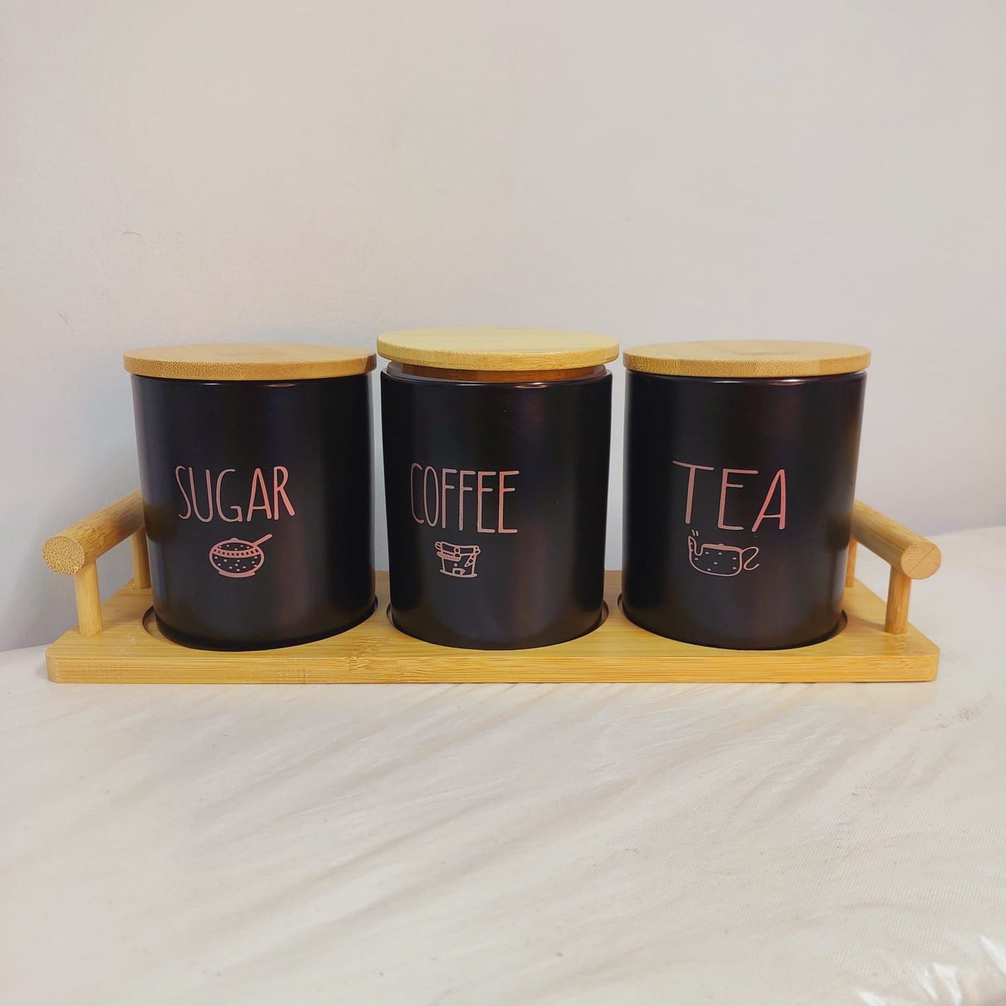 3pc Ceramic canisters with bamboo lid