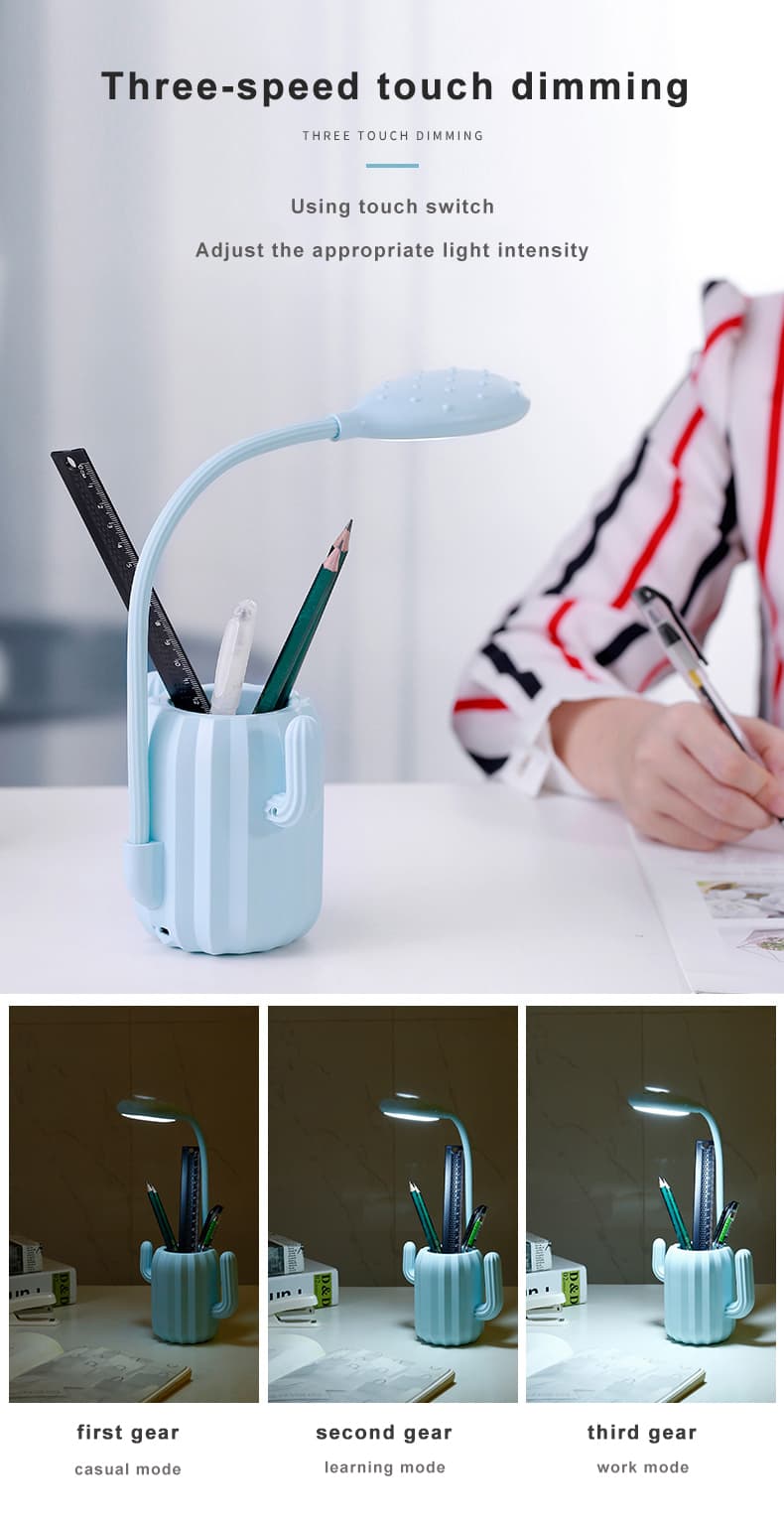 Rechargeable foldable cactus desk lamp with a pen holder