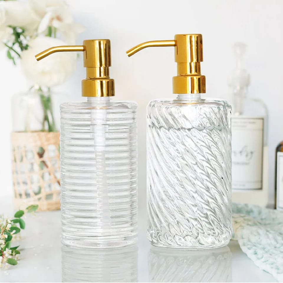 Golden Stainless Steel 400ml Shampoo Soap Dispenser Vertical Pattern Glass Lotion Bottle