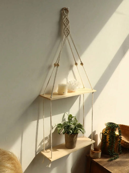 New Macrame Hanging floating Shelf Wall Decor -2 Tier