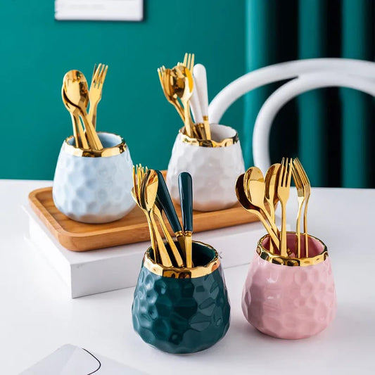 Nordic Light Luxury Fruit Fork and Spoon Ceramic Storage Tank Set Creative Stainless Steel Fruit Fork Household Fork and Spoon