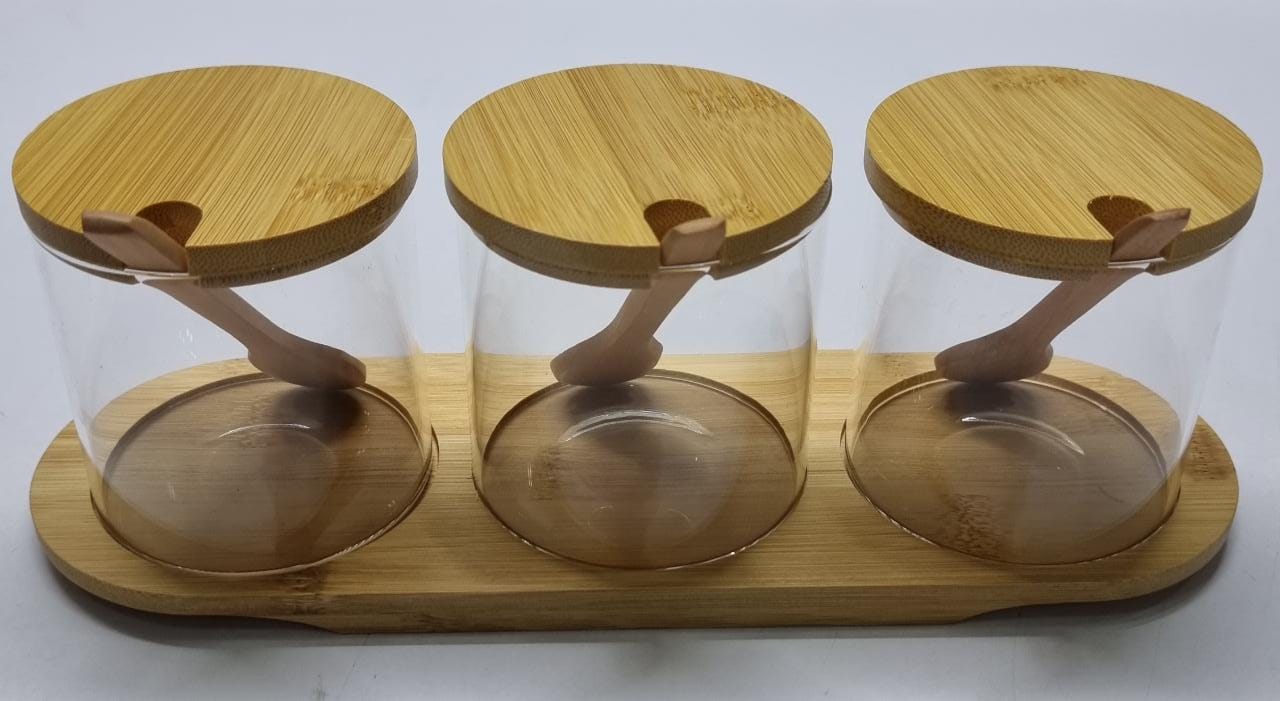High quality 3in1 glass sugar set with bamboo stand, lids and spoons
