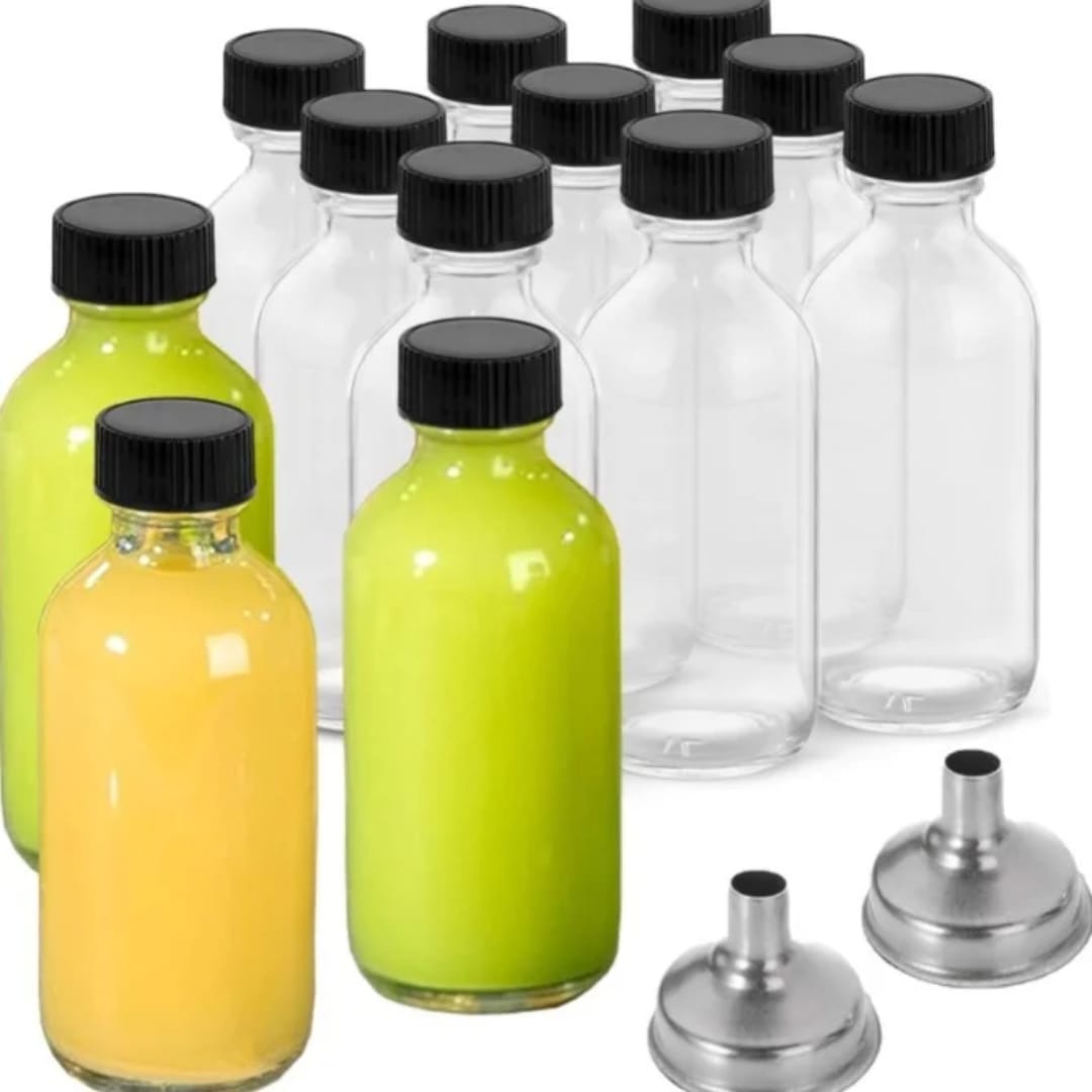 12 pc Glass ginger shot bottles with 2 funnels set