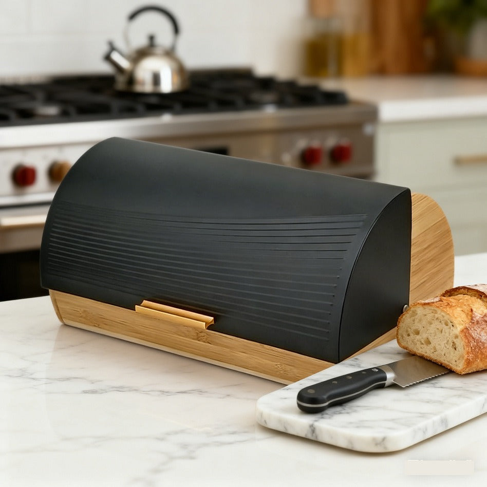 Bamboo Bread Box with Roll-Top Black Lid