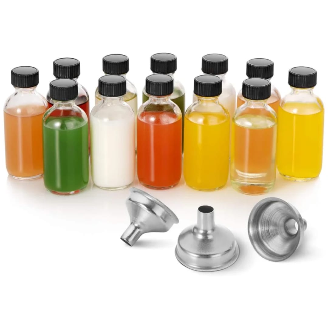 12 pc Glass ginger shot bottles with 2 funnels set