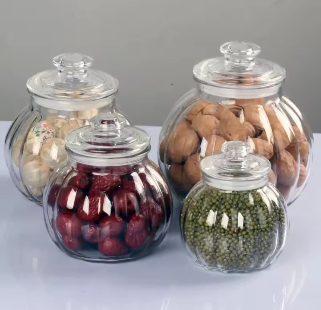 Vertical pattern transparent glass sealed jar candy. Glass jar pumkin shaped tea tin. Moisture-proof storage bottle honey lemon storage jar.