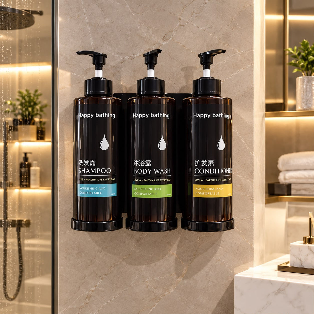 ✅ 3pcs Luxury wall mounted body wash,shampoo,soap dispenser,hand sanitizer set