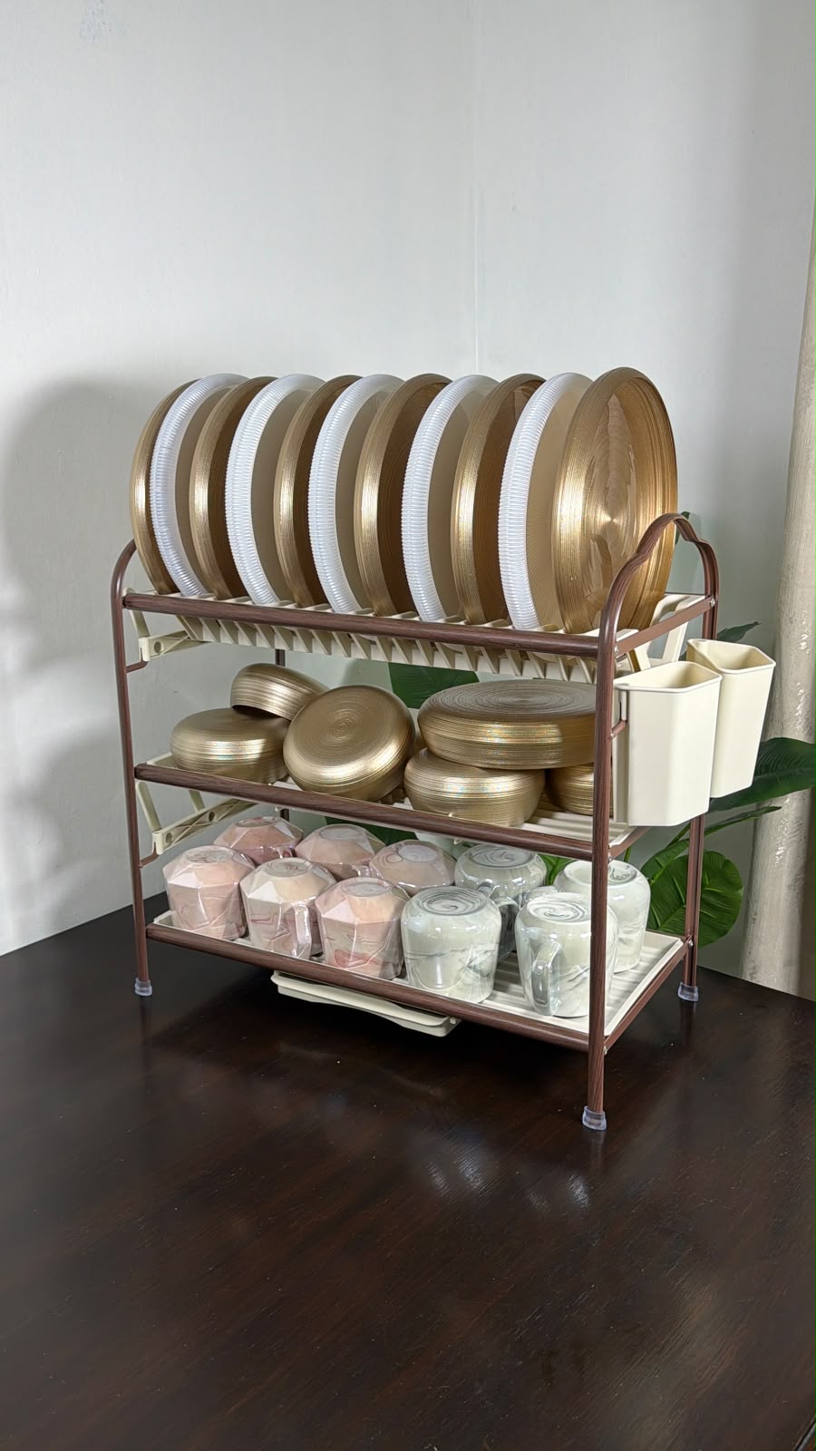 Heavy duty 3-Tier Dish Rack = plates, bowls, cups & cutlery all in ONE place.