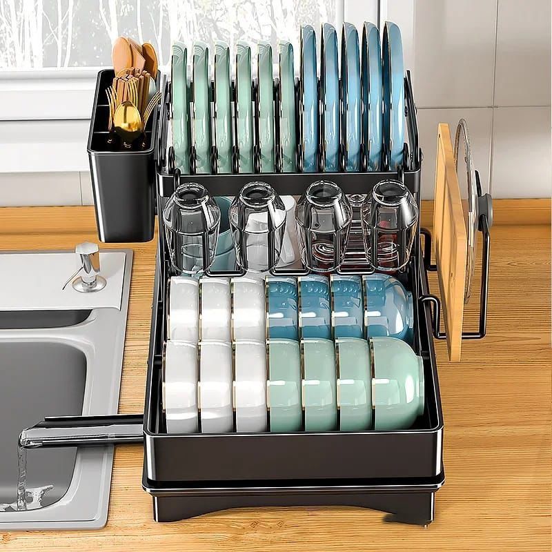 2 Tier Foldable Dish Drying Rack with Drip Tray